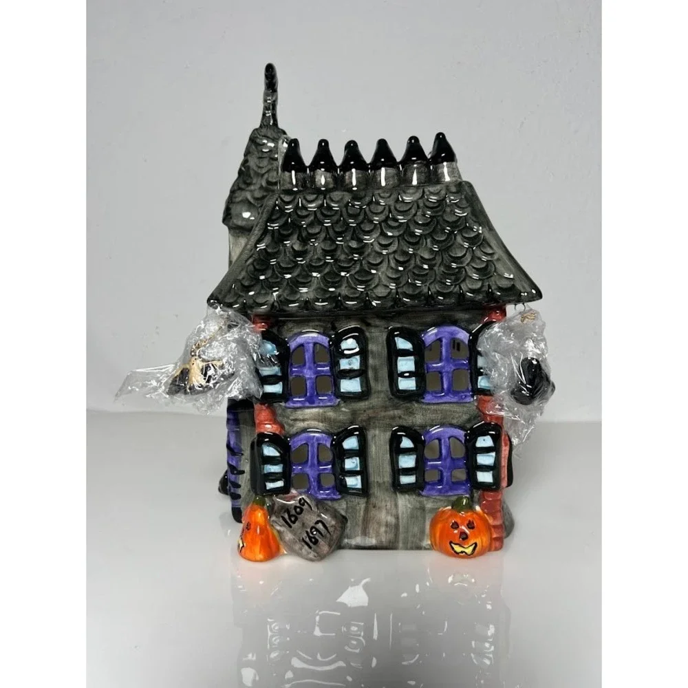 Halloween Haunted House Ceramic Tealight Candle Holder Ghost Spider Decor